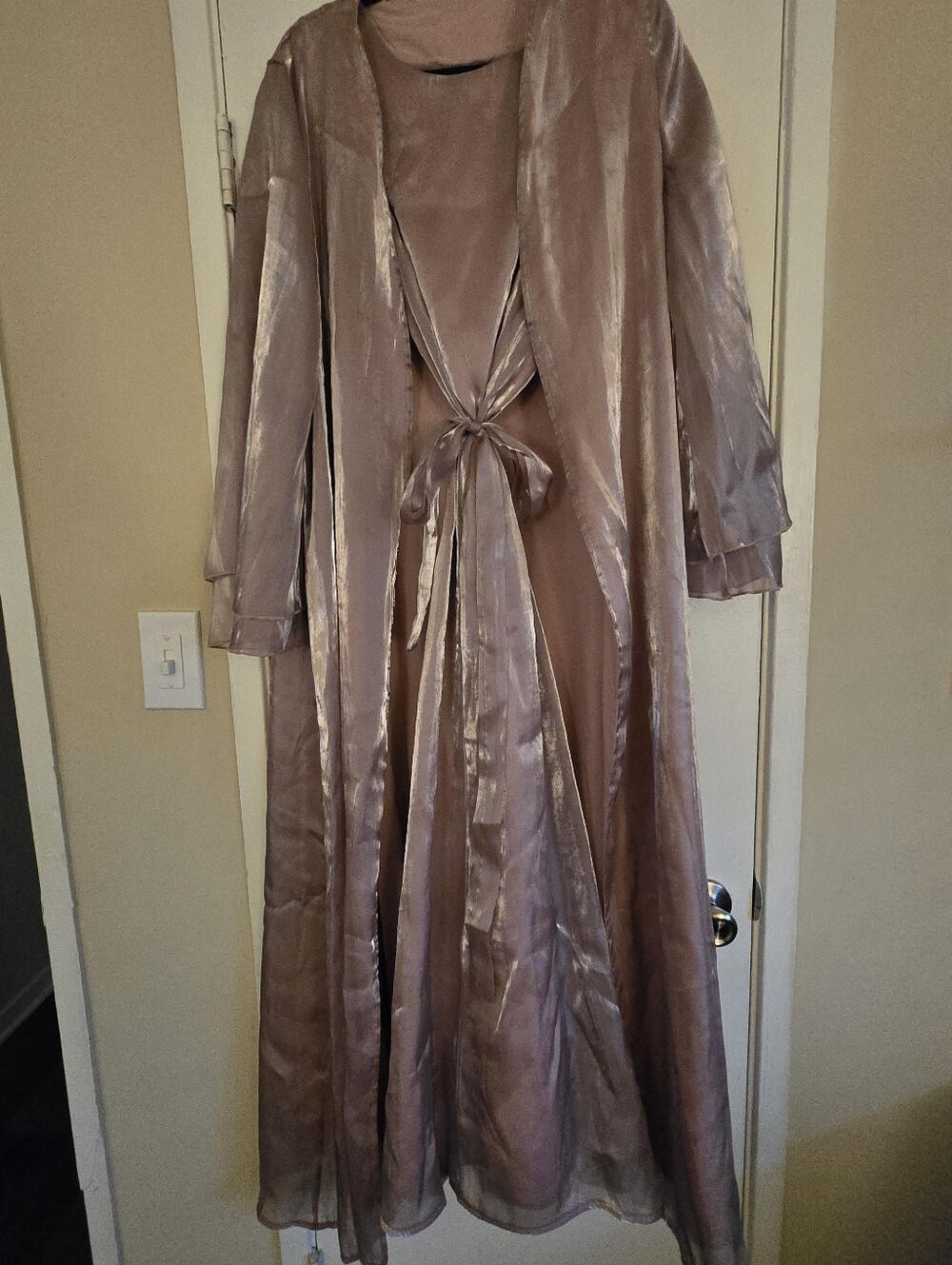 Long Sheer Tie-Front Dress with Robe Overlay - Actually A Light Purple Pink